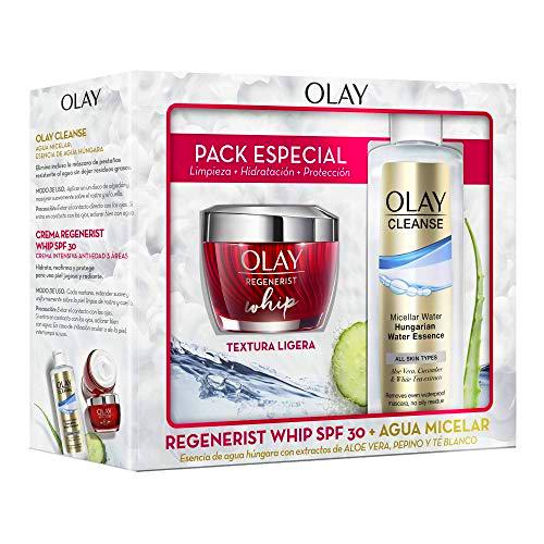 Olay Pack Regenerist Whip Crema Hidratante Día Textura Ligera SPF 30 + Cleanse Agua Micelar Esencia de Agua Húngara con Extractos de Aloe Vera y Pepino