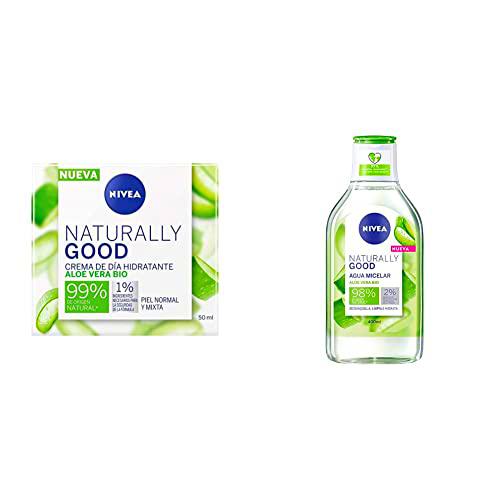 NIVEA Naturally Good Crema de Día Hidratante con Aloe Vera Bio (50 ml) + Nivea Naturally Good Agua Micelar con Aloe Vera Bio, 400ml