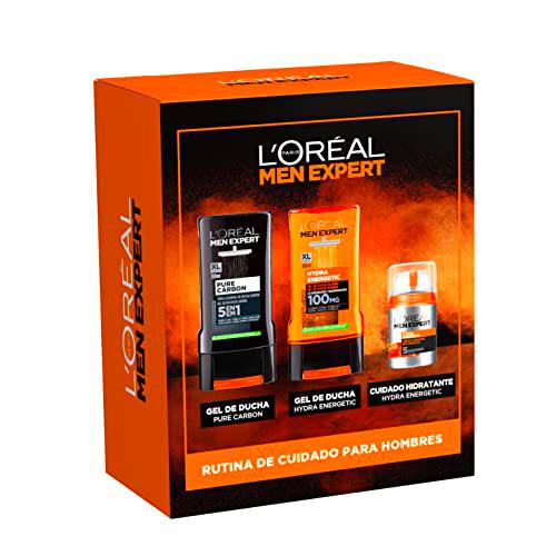 L'Oréal Men Expert Pack, Rutina Antifatiga para Hombre con Crema Hidratante Anti-Fatiga 24H Hydra Energetic y Gel de Ducha Taurina Hydra Energetic y Gel de Ducha Carbón Multiacción 5en1