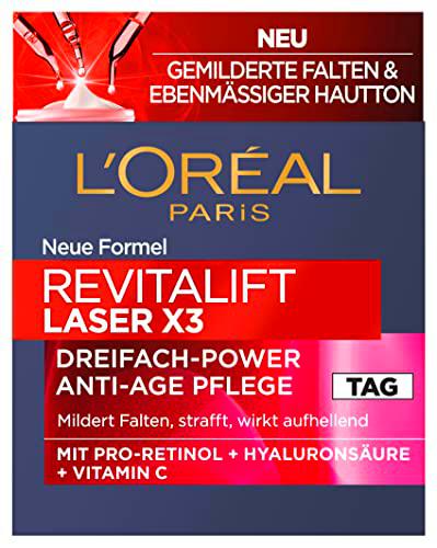 L'Oréal Paris Revitalift Laser X3 Triple Power - Crema de día antiedad con proretinol + ácido hialurónico + vitamina C