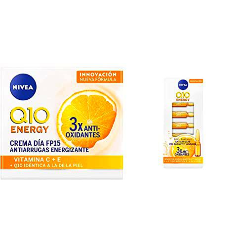 NIVEA Q10 Energy Crema de Día Antiarrugas FP15 con Vitamina C (1 x 50 ml) + NIVEA Q10 Energy Ampollas Antiarrugas Piel Radiante y Luminosa (7 ud)