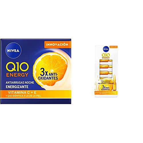 NIVEA Q10 Energy Crema de Noche Antiarrugas Energizante (1 x 50 ml) + NIVEA Q10 Energy Ampollas Antiarrugas Piel Radiante y Luminosa (7 ud) Cuidado Facial Antiarrugas Energizante