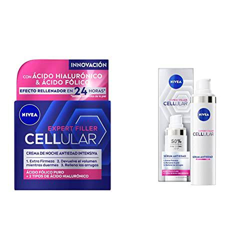 NIVEA Hyaluron Cellular Expert Filler Crema de Noche (1 x 50 ml) + NIVEA Hyaluron Cellular Expert Filler Sérum Antiedad (1 x 40 ml) Crema Antiedad Efecto Rellenador con Ácido Hialurónico y Fólico