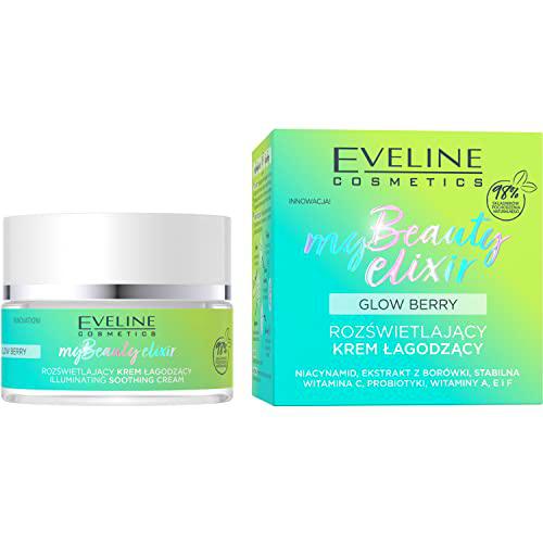 EVELINE COSMETICS My Beauty Elixir Glow Berry Crema calmante iluminadora Antiarrugas Hidrata Nutre Arándano Fórmula vegana orgánica 98 % natural debajo del maquillaje 50 ml