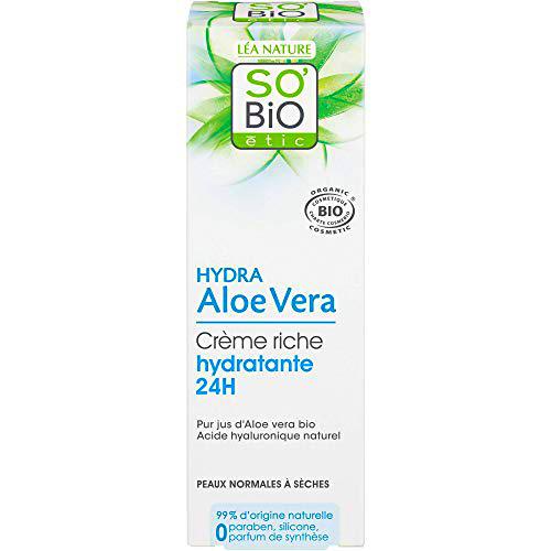 So'bio étic crème riche hydratante 24 h jour au pur jus d'aloe vera bio tube de 50 ml