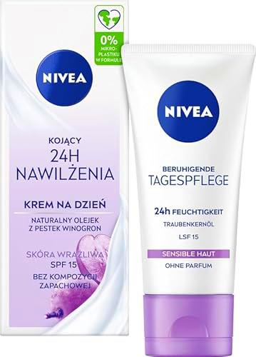 NIVEA Cuidado de día calmante 24h humedad SPF 15, crema facial sin perfume para pieles sensibles