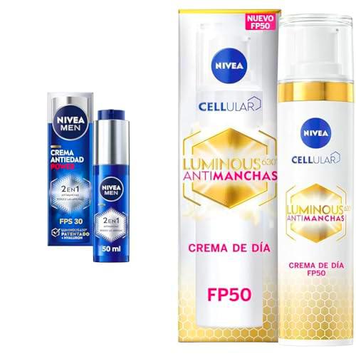 PACK NIVEA Cellular LUMINOUS 630 Antimanchas Crema de Día FP50 Fluido Triple Protección (1 x 40 ml) + NIVEA MEN Power Crema Hidratante 2 en 1 Antimanchas y Antiarrugas (1 x 50 ml)